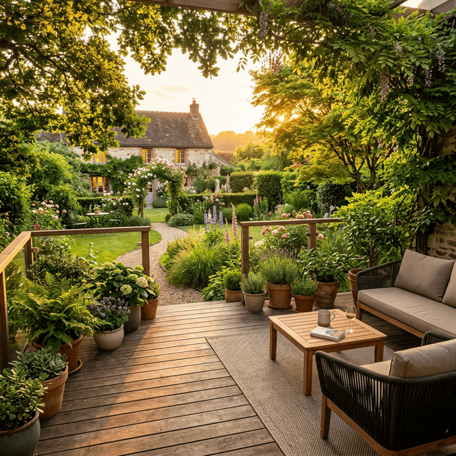 Terrasse en bois avec jardin verdoyant et lumière dorée